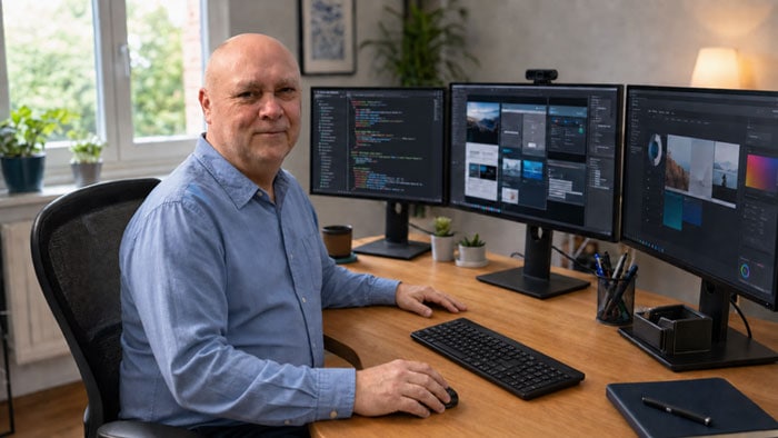 Mike Saunders, founder of Webspeed, working at his desk in Colchester