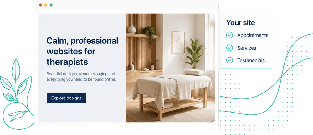 HealthHosts website mock-up for complementary therapists showing appointments, services and testimonials